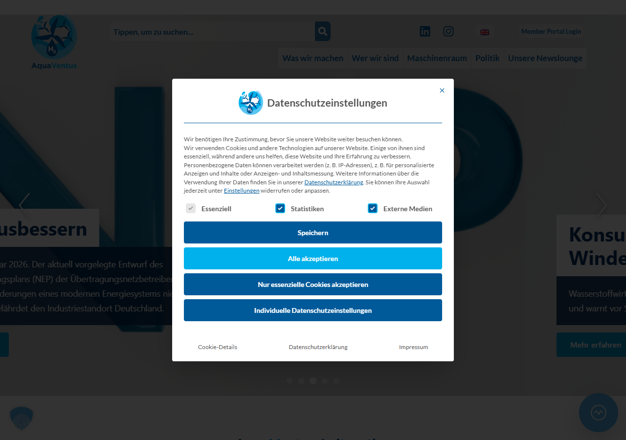 AquaVentus.org Startseite — Cookie-Banner blockiert sofort den Inhalt